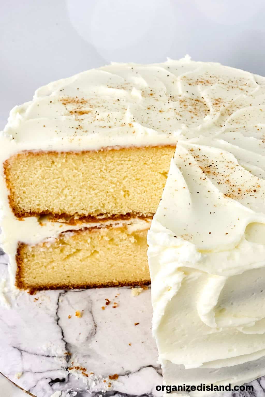 Golden Eggnog Cake Recipe with Eggnog Frosting - Organized Island