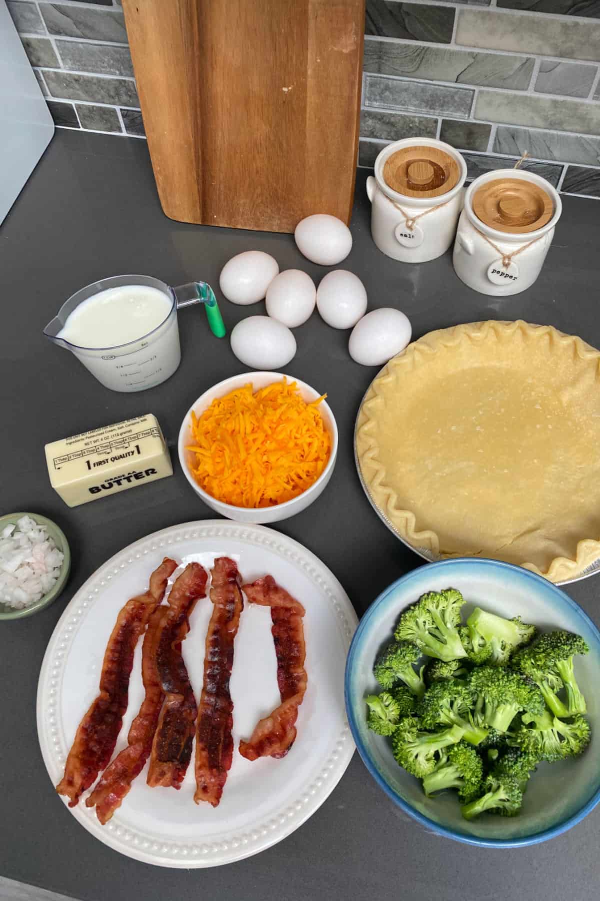 Bacon Broccoli Quiche Ingredients on couner.