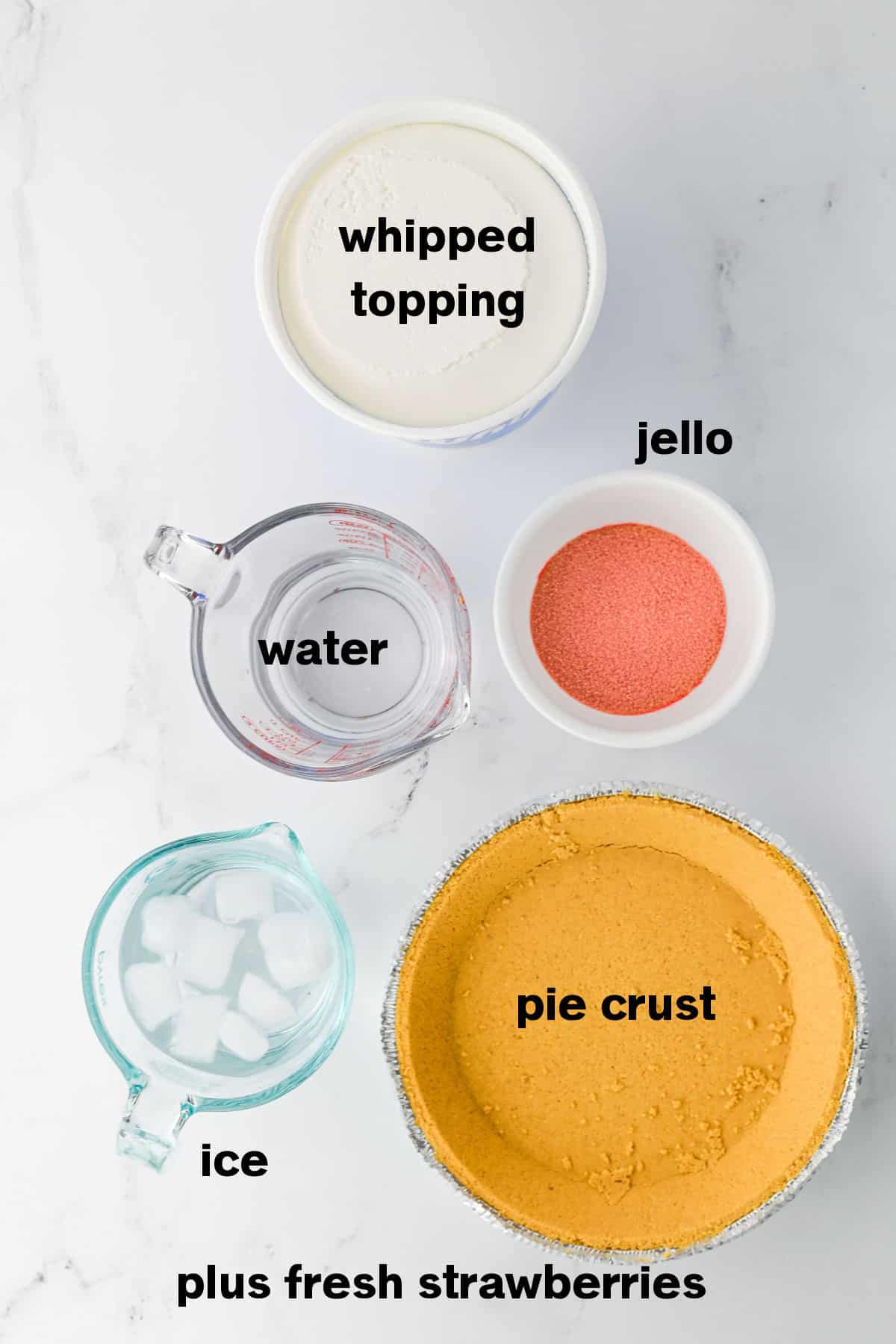 Jello Strawberry Pie Ingredients on counter.