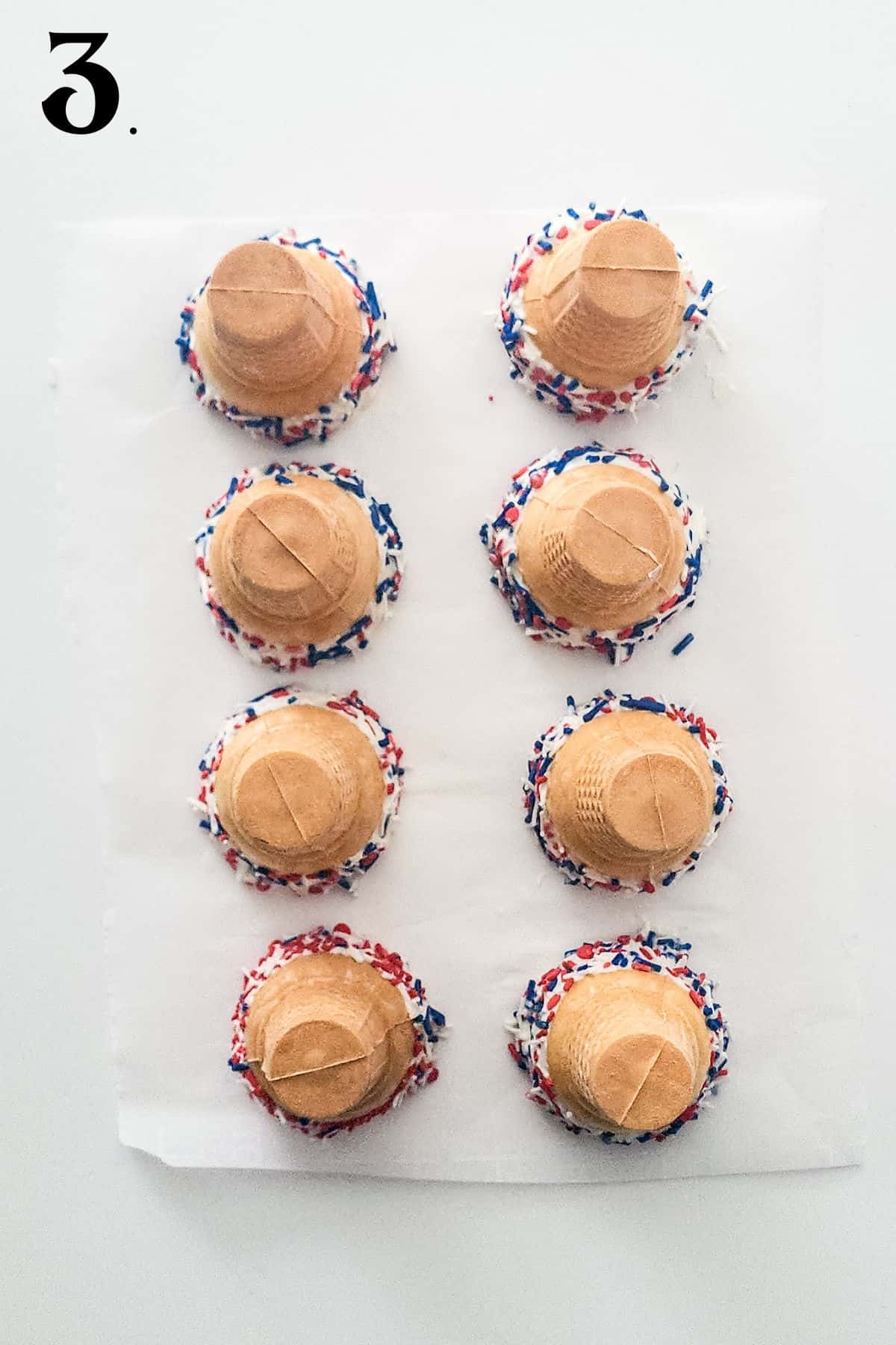 How to Make Cheesecake Mousse Cones Step 3 letting sprinkles set.