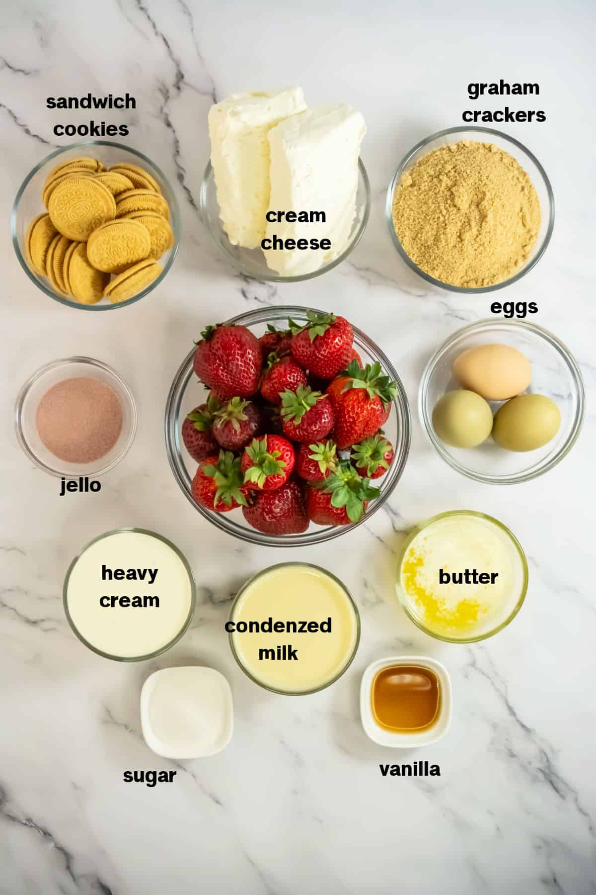 Strawberry Crunch Mini Cheesecakes Ingredients on counter.