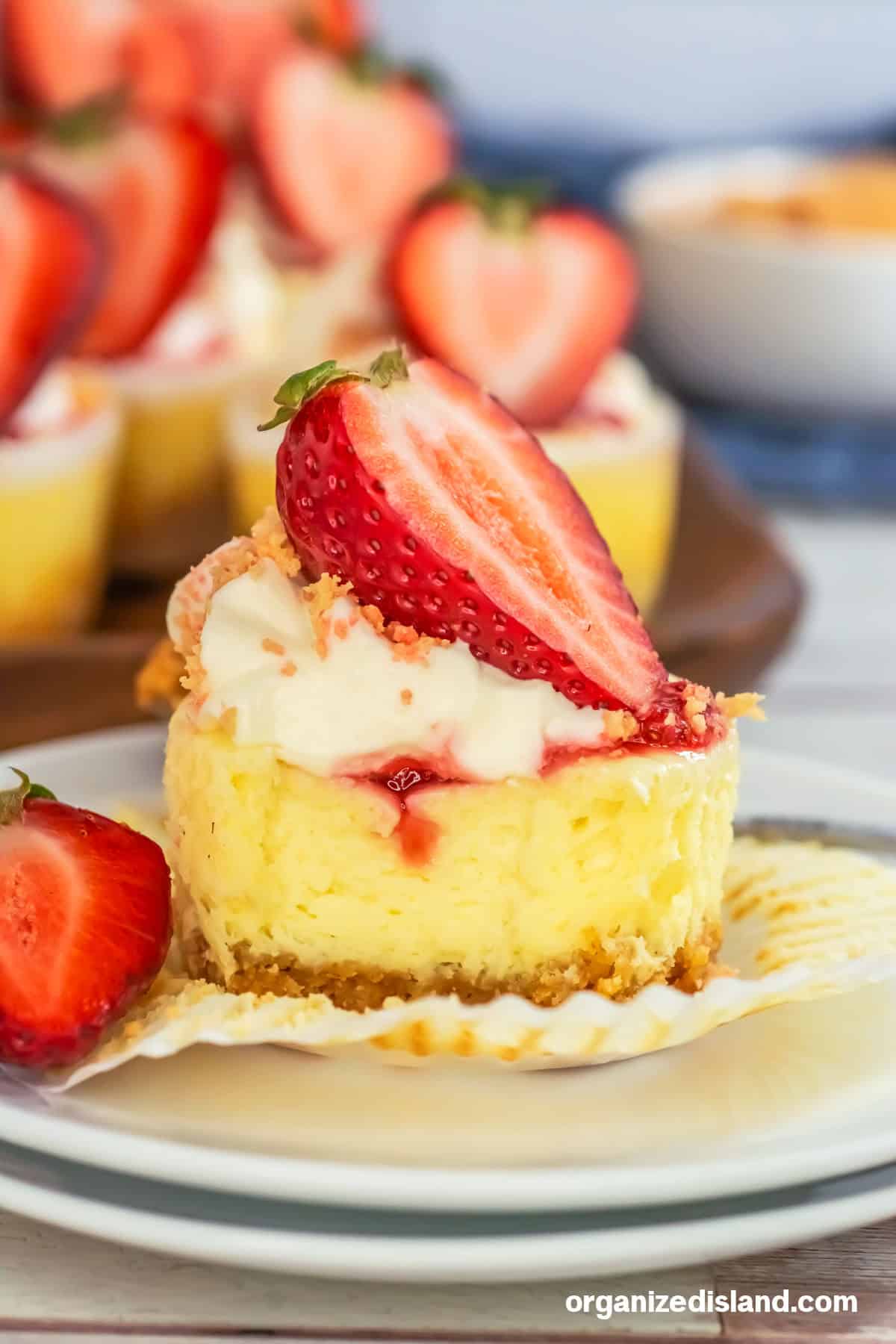 Strawberry Crunch Mini Cheesecakes on plate.